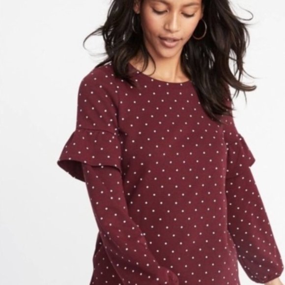 Old Navy Ruffle White Polka Dot Maroon Cotton Top Tee ! - Picture 1 of 8